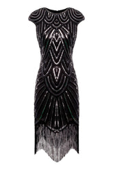 Black Gatsby Glitter Cape Sleeves Fringe 1920s Dress